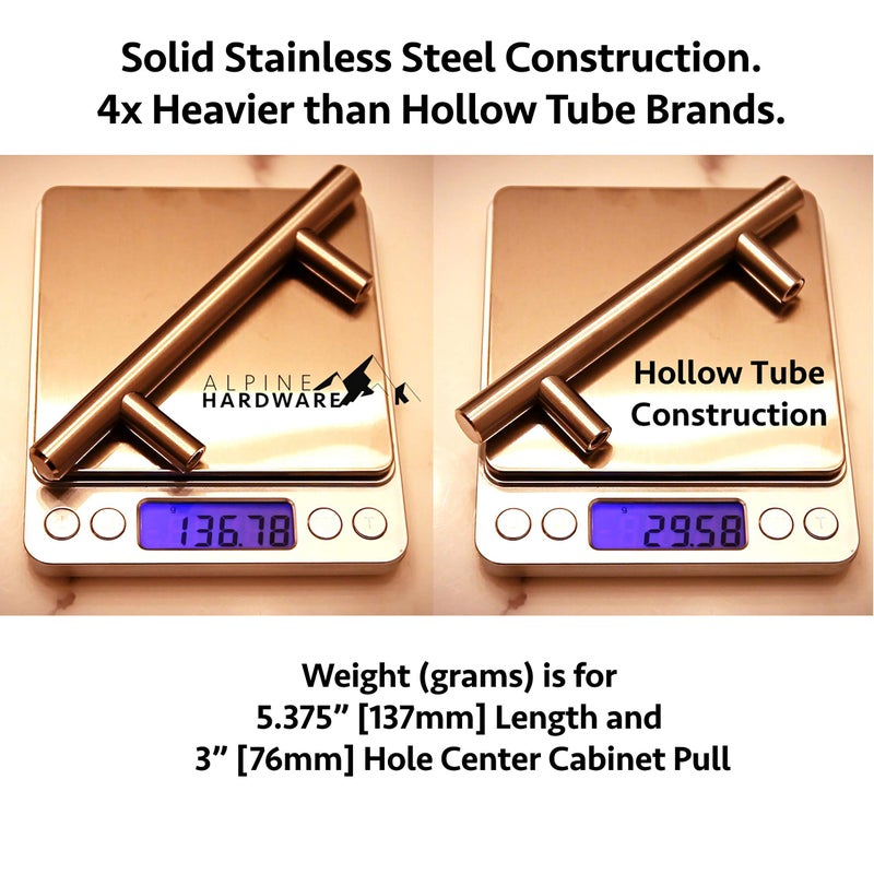 ALPINE HARDWARE Solid Euro Style Bar Pull-25Pack ~3 inch Hole Center & 5 3/8 inch Length-Heavy Stainless Steel T-Bar Handle W/ a Satin Nickel Finish-American Owned Cabinet Hardware - Image 3
